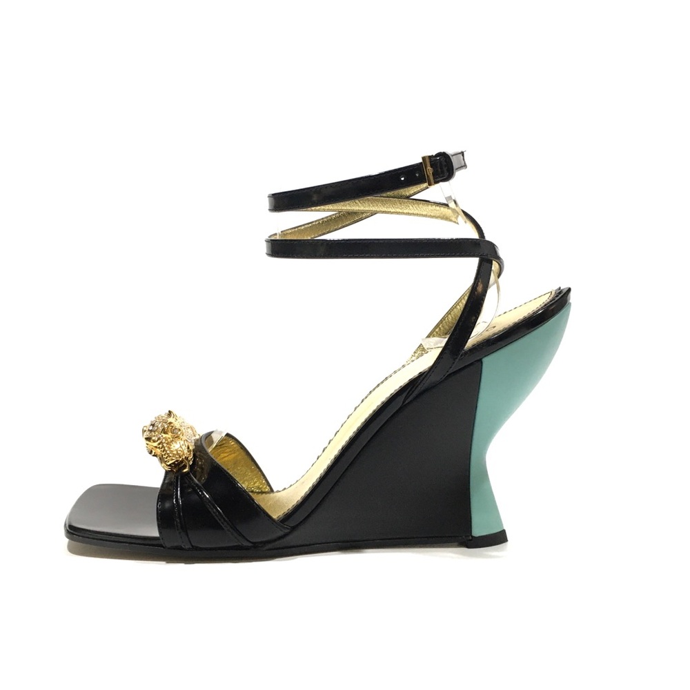GUCCI FELINE HEAD HIGH HEEL ANKLE STRAP SANDAL -BLACK / BLUE -WOMEN US 8 -NEW